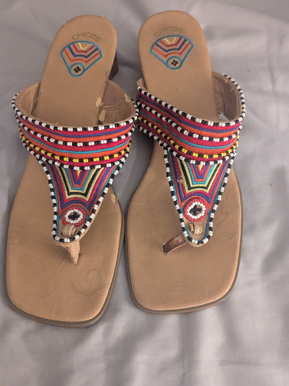 Chico's Multicolor Beaded Thong Sandals with Tan Footbed